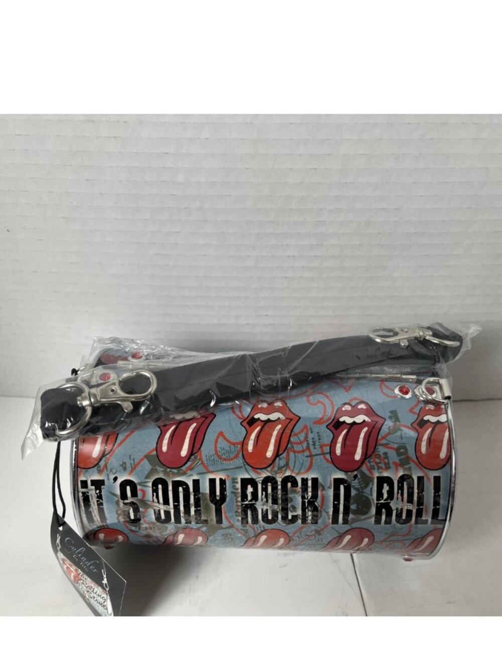Rolling Stones Tongue Logo Cylinder Purse NWT Metal Handbag Rock Band Bag - Picture 6 of 12